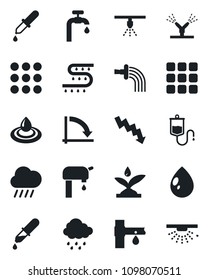 Set of vector isolated black icon - crisis graph vector, watering, water drop, rain, drip irrigation, dropper, menu, supply, sprinkler