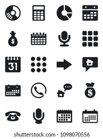 Set of vector isolated black icon - right arrow vector, calendar, circle chart, microphone, menu, calculator, phone, home message, money bag