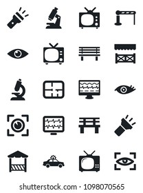 Set of vector isolated black icon - barrier vector, tv, alarm car, bench, monitor pulse, microscope, eye, torch, plan, alcove, scan