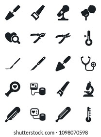 Set of vector isolated black icon - trowel vector, pruner, saw, stethoscope, blood pressure, thermometer, heart diagnostic, microscope, scalpel, microphone