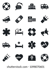 Set of vector isolated black icon - hose vector, heart pulse, doctor case, patch, ambulance star, car, hospital bed, loudspeaker, torch, crisis management