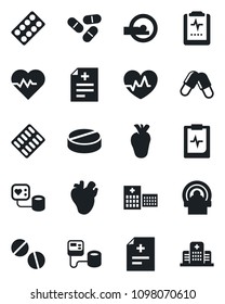 Set of vector isolated black icon - heart pulse vector, diagnosis, blood pressure, pills, blister, tomography, real, clipboard, hospital