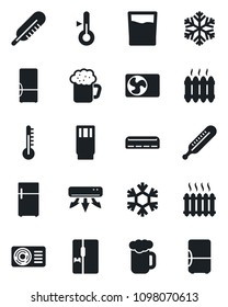 Set of vector isolated black icon - thermometer vector, heater, air conditioner, fridge, drink, beer, snowflake