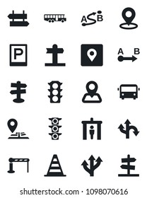 Set of vector isolated black icon - airport bus vector, parking, barrier, security gate, signpost, border cone, route, navigation, traffic light, place tag, guidepost