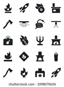 Set of vector isolated black icon - bomb in case vector, fire, hose, axe, fireplace, flammable, flame disk, candle, sprinkler, rocket