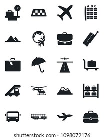 Set of vector isolated black icon - runway vector, taxi, suitcase, baggage trolley, airport bus, umbrella, ladder car, helicopter, seat map, luggage storage, scales, plane globe, mountains, case