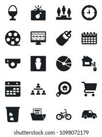 Set of vector isolated black icon - trash bin vector, male, bomb in case, pedestal, calendar, monitor pulse, bike, clock, reel, rca, pie graph, document folder, hierarchy, estate search, egg stand