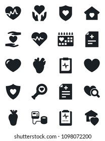 Set of vector isolated black icon - heart vector, pulse, diagnosis, blood pressure, diagnostic, shield, hand, real, medical calendar, clipboard, sweet home