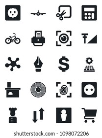 Set of vector isolated black icon - male vector, plane, dollar sign, printer, fireplace, bike, vinyl, share, calculator, data exchange, cut, cellular signal, ink pen, sun panel, cook, socket, cart
