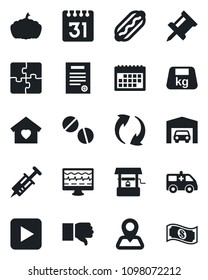 Set of vector isolated black icon - well vector, pumpkin, monitor pulse, syringe, pills, ambulance car, navigation, heavy, finger down, play button, update, calendar, application, drawing pin, cash