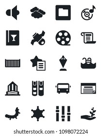 Set of vector isolated black icon - airport bus vector, clouds, pennant, caterpillar, satellite, cargo container, reel, speaker, settings, favorites list, folder, music, book, pool, wine card