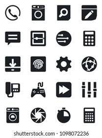 Set of vector isolated black icon - washer vector, document search, gamepad, settings, fast forward, message, mobile camera, stopwatch, scanner, network, notes, download, fingerprint id, calculator