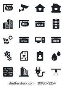 Set of vector isolated black icon - office building vector, house, sun panel, estate document, sale, rent, sold signboard, sweet home, chip, power plug, remote control, pc, gear, water, pass card