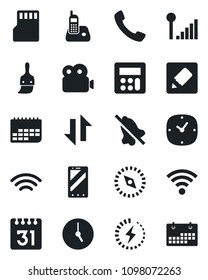 Set of vector isolated black icon - mobile phone vector, term, radio, call, themes, calculator, clock, sd, calendar, notes, data exchange, wireless, mute, compass, video, cellular signal, charge