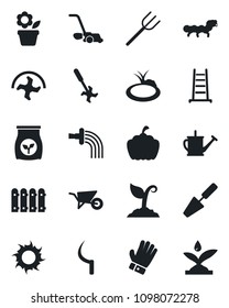 Set of vector isolated black icon - flower in pot vector, trowel, farm fork, ripper, ladder, watering can, wheelbarrow, sproute, glove, lawn mower, sun, sickle, pumpkin, caterpillar, pond, fence