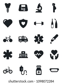 Set of vector isolated black icon - heart vector, pulse, dropper, microscope, pills bottle, ampoule, ambulance star, car, barbell, bike, shield, hand, implant, hospital, pregnancy, heavy, hot dog
