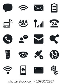 Set of vector isolated black icon - phone vector, wireless notebook, mail, satellite, 24 hours, remote control, network, speaker, share, message, cellular signal, clipboard, company, home app, gear