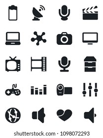 Set of vector isolated black icon - satellite antenna vector, clapboard, film frame, camera, tv, gamepad, settings, equalizer, video, microphone, network, monitor, laptop pc, share, heart, battery