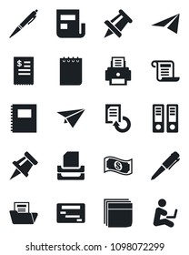 Set of vector isolated black icon - office binder vector, pen, notepad, drawing pin, document reload, copybook, news, folder, blank box, printer, paper tray, restaurant receipt, cash, plane