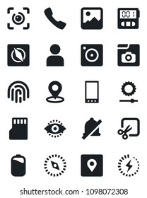 Set of vector isolated black icon - mobile vector, call, camera, gallery, user, stopwatch, sd, mute, brightness, cut, place tag, compass, eye id, fingerprint, photo, battery, charge