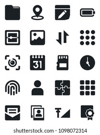 Set of vector isolated black icon - menu vector, gallery, user, clock, mail, scanner, sd, folder, calendar, notes, data exchange, place tag, eye id, fingerprint, photo, cellular signal, battery