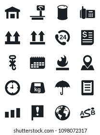 Set of vector isolated black icon - earth vector, pin, important flag, office phone, 24 hours, clock, term, receipt, clipboard, umbrella, up side sign, no hook, warehouse, sorting, heavy, flammable