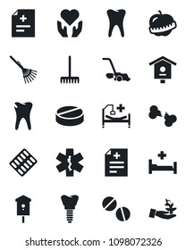 Set of vector isolated black icon - rake vector, lawn mower, bird house, diagnosis, pills, blister, ambulance star, hospital bed, heart hand, tooth, caries, implant, broken bone, diet, palm sproute