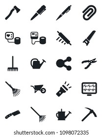 Set of vector isolated black icon - pen vector, rake, watering can, wheelbarrow, pruner, saw, axe, monitor pulse, blood pressure, torch, paper clip, rolling pin, knife, social media, hard work