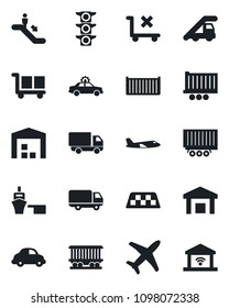 Set of vector isolated black icon - taxi vector, escalator, alarm car, ladder, plane, railroad, traffic light, truck trailer, cargo container, delivery, sea port, no trolley, warehouse
