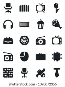 Set of vector isolated black icon - tv vector, case, mouse, stamp, fence, garden light, satellite, cargo container, tulip, radio, headphones, office chair, ham, chip, tie