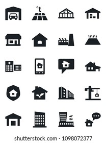 Set of vector isolated black icon - airport building vector, greenhouse, hospital, store, warehouse, house, with garage, office, city, crane, factory, estate insurance, eco, home control app