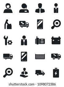 Set of vector isolated black icon - baby room vector, mobile phone, office, support, client, cargo container, car delivery, search, root setup, moving, waiter, battery