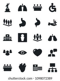 Set of vector isolated black icon - male vector, pedestal, team, meeting, disabled, stomach, lungs, real heart, eye, hospital, speaker, group, company, palm sproute, hierarchy