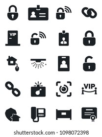 Set of vector isolated black icon - fence vector, bomb in case, identity, card, chain, lock, eye id, vip zone, home control, wireless, intercome, protect, sprinkler, certificate
