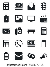 Set of vector isolated black icon - mail vector, bench, cash, traffic light, camera, monitor, chain, battery, gallery, calculator, phone, advertising
