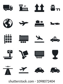Set of vector isolated black icon - runway vector, departure, arrival, baggage conveyor, alarm car, plane, seat map, airport building, earth, truck trailer, delivery, sea port, fragile, cargo