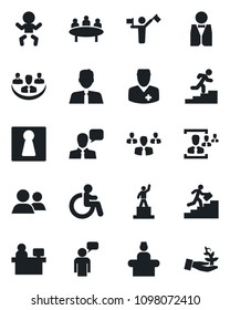 Set of vector isolated black icon - dispatcher vector, female, baby, disabled, reception, speaking man, pedestal, meeting, manager place, doctor, speaker, group, company, hr, career ladder, waiter