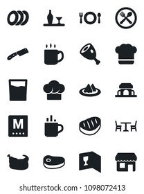 Set of vector isolated black icon - hot cup vector, cafe, coffee, alcohol, serviette, cook hat, wine card, menu, drink, plates, building, chicken, steak, ham, knife, storefront