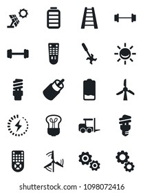 Set of vector isolated black icon - fork loader vector, ladder, ripper, barbell, remote control, battery, low, rca, charge, windmill, bulb, energy saving, sun panel, alarm led, gear