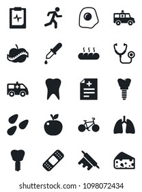 Set of vector isolated black icon - seeds vector, diagnosis, stethoscope, dropper, patch, ambulance car, bike, run, lungs, tooth, implant, pulse clipboard, diet, bread, rolling pin, omelette, cheese