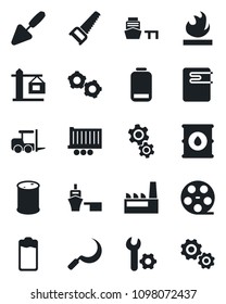 Set of vector isolated black icon - fork loader vector, gear, trowel, saw, sickle, truck trailer, sea port, flammable, oil barrel, reel, battery, low, root setup, crane, factory, water heater