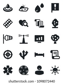Set of vector isolated black icon - bed vector, wind, contract, statistic monitor, heart diagnostic, pills blister, ambulance star, patient, route, important flag, reel, antenna, target, pond, water