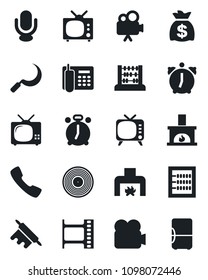 Set of vector isolated black icon - alarm clock vector, abacus, money bag, sickle, film frame, vinyl, tv, video camera, microphone, call, office phone, fireplace, rolling pin, fridge