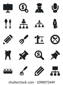 Set of vector isolated black icon - spoon and fork vector, hierarchy, pencil, garden, seedling, caries, microphone, paper pin, presentation board, manager, crane, cook, money search