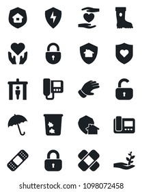 Set of vector isolated black icon - security gate vector, umbrella, trash bin, lock, glove, boot, patch, heart shield, hand, protect, estate insurance, intercome, home, palm sproute