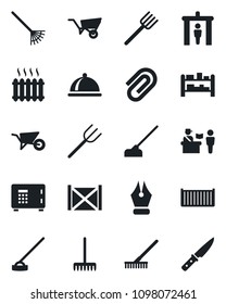 Set of vector isolated black icon - passport control vector, security gate, safe, farm fork, rake, wheelbarrow, hoe, cargo container, rack, paper clip, ink pen, heater, dish, knife