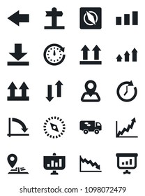 Set of vector isolated black icon - left arrow vector, crisis graph, signpost, navigation, up side sign, sorting, data exchange, download, compass, moving, clock, growth, presentation