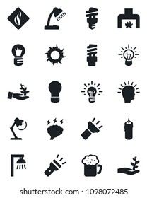 Set of vector isolated black icon - brainstorm vector, bulb, sun, torch, desk lamp, fireplace, beer, candle, smoke detector, energy saving, outdoor, palm sproute, shining head, idea