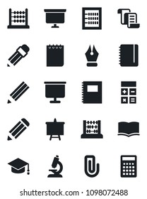Set of vector isolated black icon - contract vector, book, calculator, graduate, abacus, notepad, presentation board, pencil, microscope, copybook, paper clip, ink pen