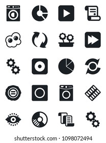 Set of vector isolated black icon - contract vector, circle chart, stamp, pills blister, play button, fast forward, rec, update, record, eye id, pie graph, washer, flower in pot, omelette, gear
